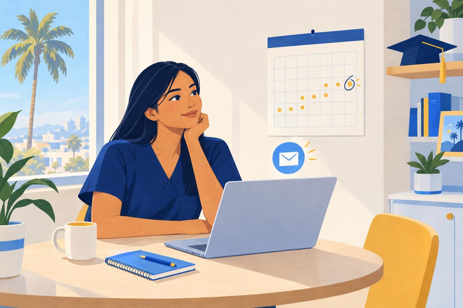 A new nursing graduate in navy scrubs waits at her kitchen table in California with a laptop open and a wall calendar marked toward her California NCLEX date.