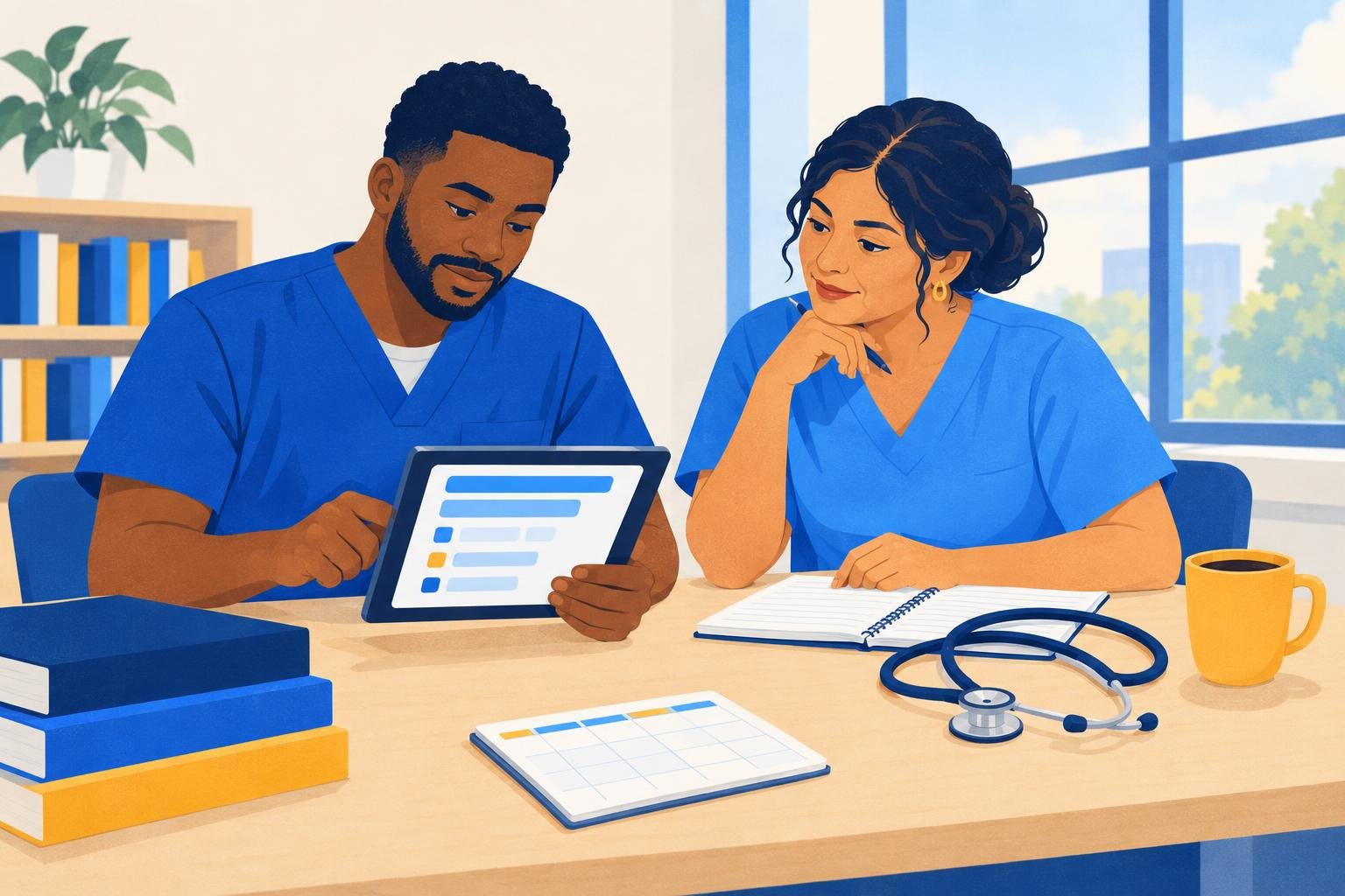 Two nursing graduates in scrubs study together at a library table with a tablet, a notebook, a stethoscope and a weekly planner.