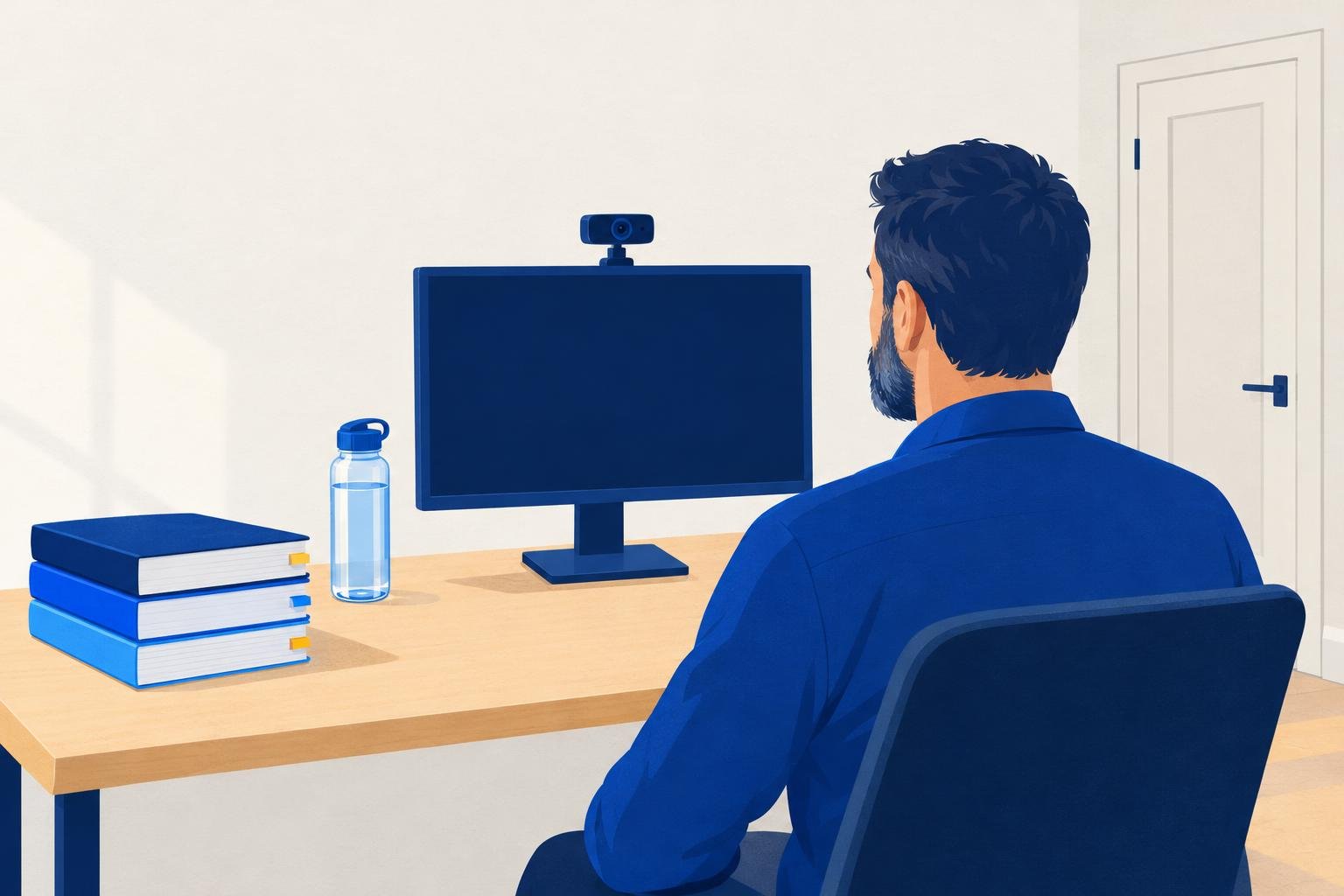 Illustration of a candidate seated at a clear home desk for an online proctored exam, with an external webcam on the monitor, a clear water bottle and three tabbed code books stacked beside the screen.