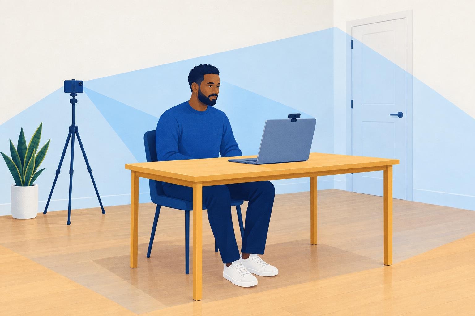 Illustration of a nursing graduate at a cleared desk with a laptop webcam in front of him and a phone on a tripod behind him, their camera views covering the room, as described for the planned NCLEX Online.