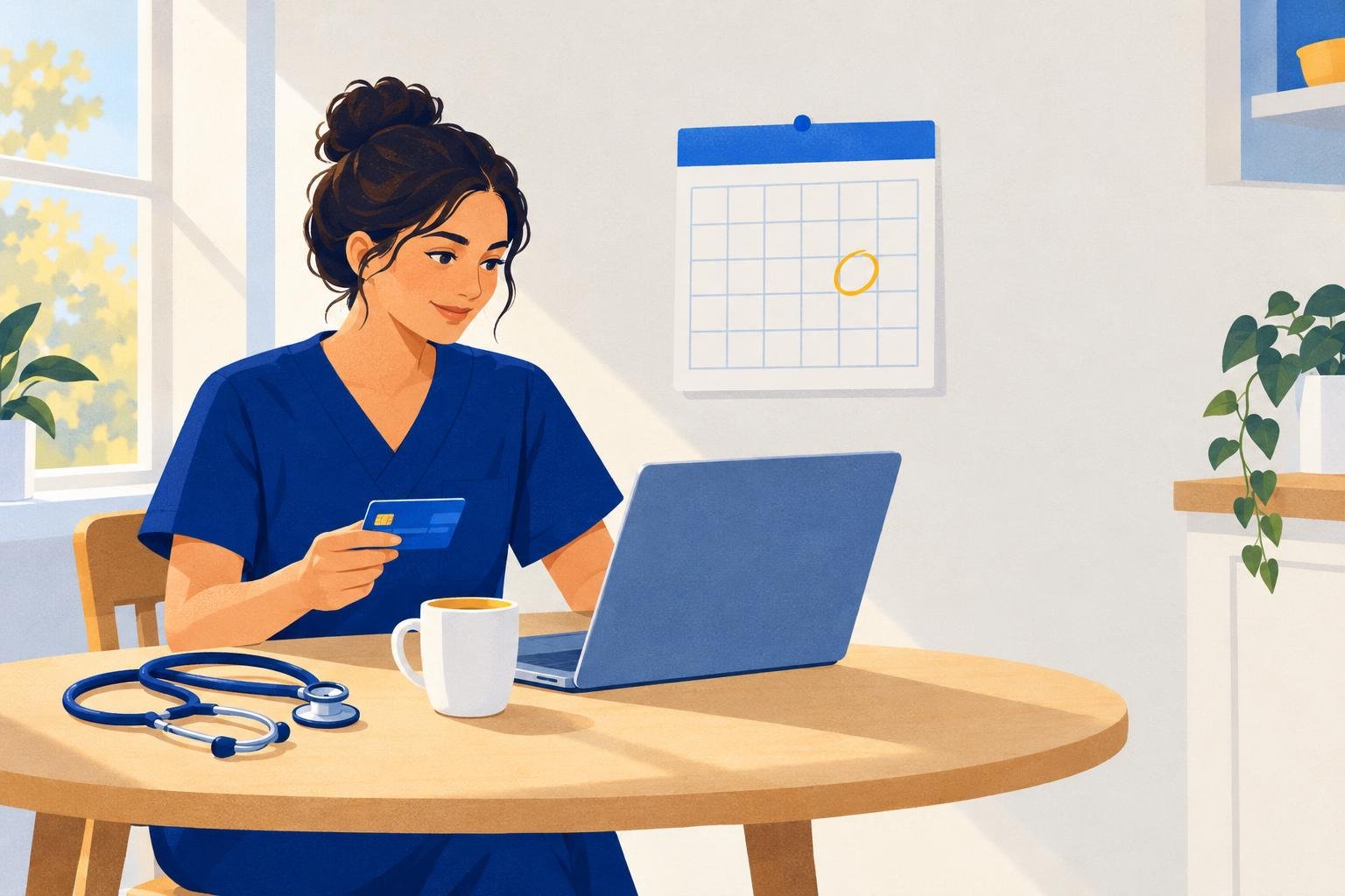 A nursing graduate in navy scrubs pays the NCLEX fee online at a kitchen table, with a calendar date circled on the wall behind them.