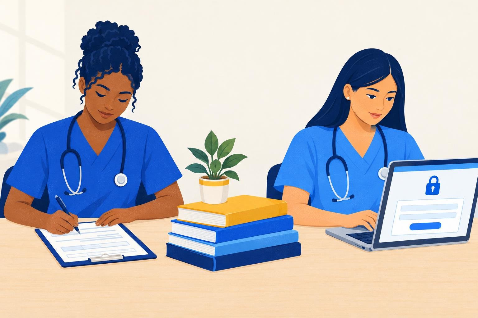 Two nursing graduates at a desk: one fills out a board of nursing application on a clipboard, the other completes an online exam registration on a laptop.