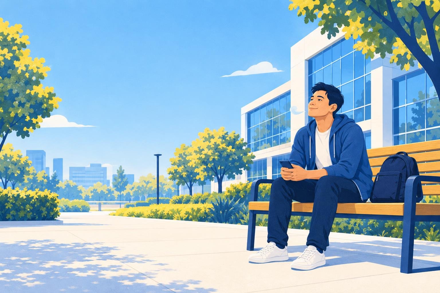 Illustration of a practical nursing candidate sitting on a bench outside a test center building, holding a phone and breathing out after finishing the NCLEX-PN.