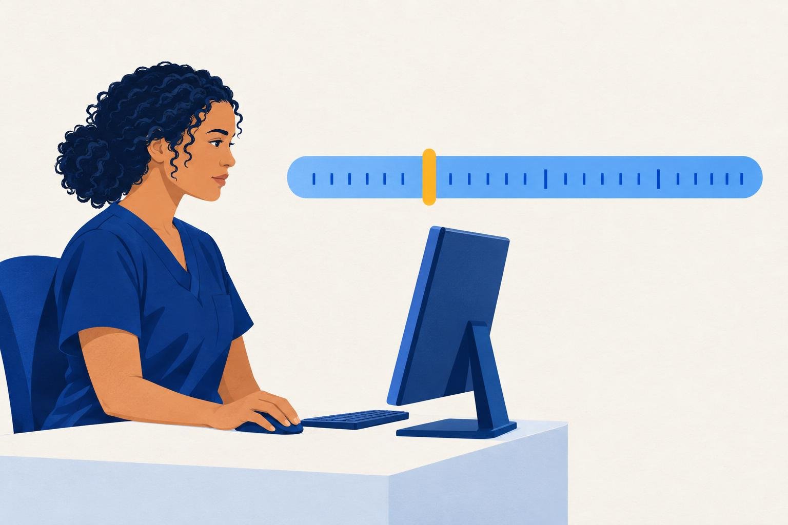 Illustration of a practical nursing graduate in navy scrubs taking the NCLEX-PN at a computer, with a measuring scale and one yellow cut mark behind her to suggest the NCLEX-PN passing score.
