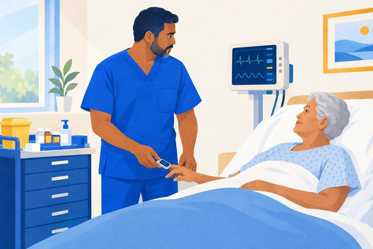Illustration of a practical nurse checking an older adult's pulse oximeter reading at the bedside while glancing at a vital signs monitor.