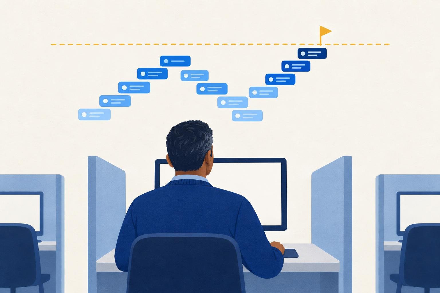 Illustration of a nursing candidate at a computer in a testing room, with a path of question cards above the monitor rising and dipping toward a dashed threshold line with a yellow flag.