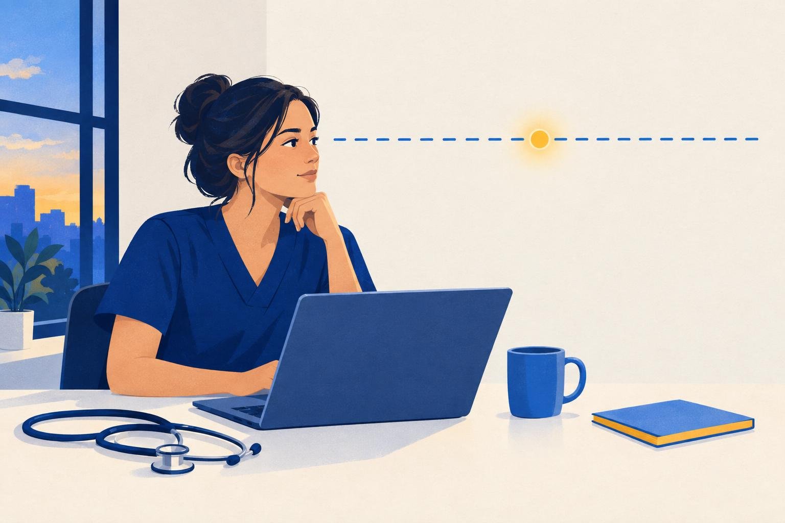 Illustration of a nursing graduate in navy scrubs at a laptop, looking at a dashed threshold line with one marker on it, a picture of the NCLEX-RN passing score as a line rather than a percentage.