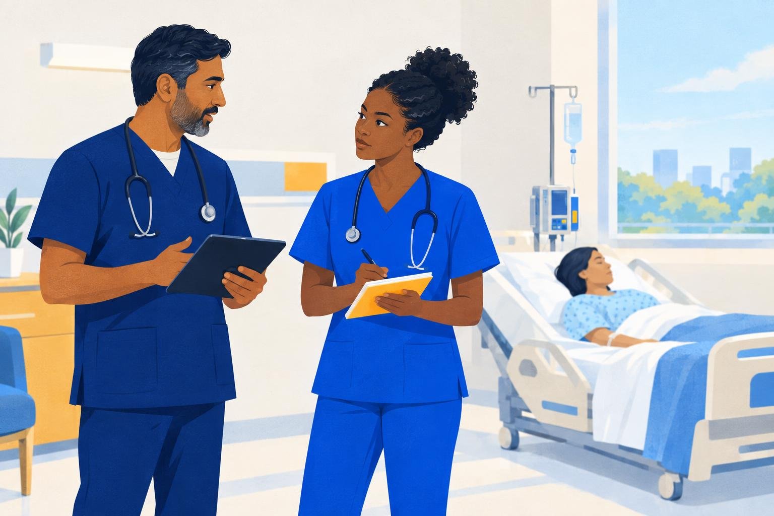 Illustration of two registered nurses giving bedside handoff report at the start of a shift, one holding a tablet and the other taking notes, with a patient resting in bed beside an IV pump.