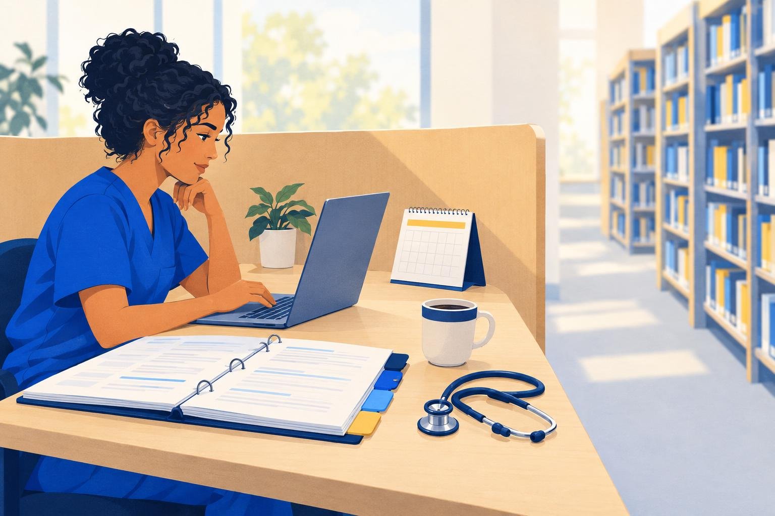 Illustration of a nursing graduate in royal-blue scrubs studying the NCLEX-RN test plan at a library desk, with a tabbed binder, a laptop, a stethoscope and a desk calendar.