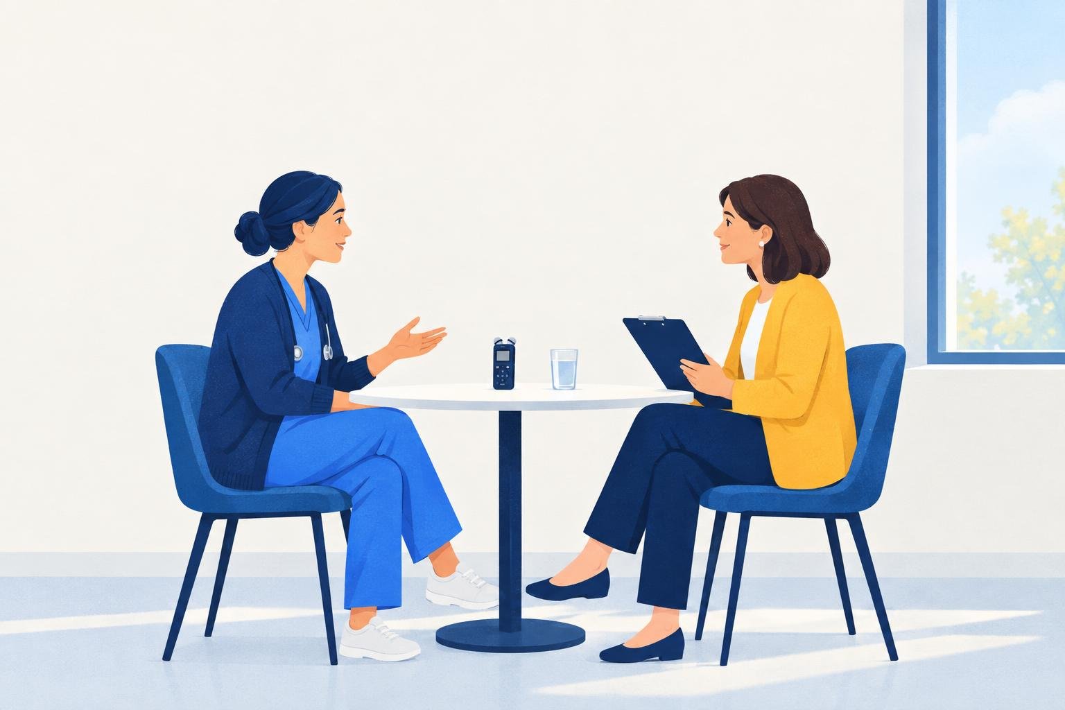 Illustration of a nurse answering questions in a face-to-face English speaking test while an examiner listens with a clipboard.